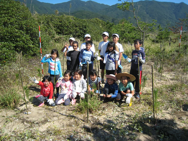 クロマツの植樹体験活動を行った岸良小中学校の児童生徒