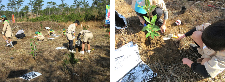 植樹祭に参加した飯牟礼緑の少年団と青戸緑の少年団の植樹の様子